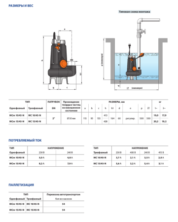 Фекальный насос Pedrollo MCm 10/45 -N каб. 10м