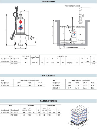Фекальный насос Pedrollo BCm 10/50-ST (MCm 10/50-I) 10 м