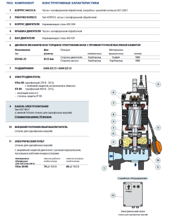 Фекальный электронасос Pedrollo VX 30/40